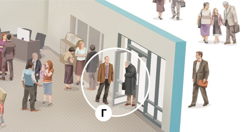 Г. Перед встречей собрания Свидетель Иеговы придерживает входную дверь перед пожилым мужчиной.