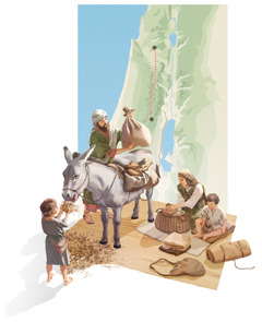 系列圖片：約瑟和馬利亞帶著耶穌和他的弟弟為遠行作準備。圖1：約瑟把一袋袋的東西放在驢背上，馬利亞在準備食物。圖2：拿撒勒到耶路撒冷的路線圖。