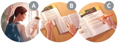 Collage: En kvinde forbereder sig til sit bibelstudie. A. Hun læser den første del af lektionen. B. Hun læser bibelversene. C. Hun markerer nøgleord og -sætninger i stoffet.