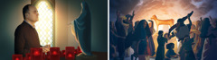 סדרת תמונות:‏ 1.‏ בני ישראל סוגדים לפסל של עגל זהב לרגלי הר סיני.‏ 2.‏ גבר מחזיק מחרוזת תפילה ומתפלל מול פסל של מרים הבתולה.‏