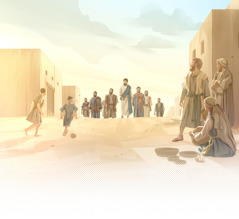 يسوع يدخل ماشيا الى قرية مع بعض تلاميذه