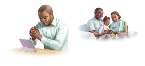 A. Koliažas. Vyresnysis rūpinasi savo paties ir šeimos dvasingumu: 1) meldžiasi prieš skaitydamas Bibliją; 2) drauge su žmona moko dukrelę apie Jehovą.