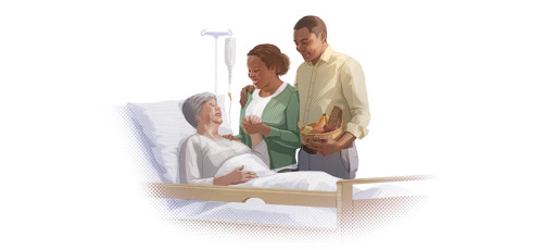 B. Vyresnysis su žmona lanko ligoninėje gulinčią bendratikę.