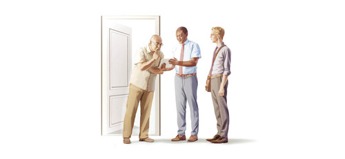 C. Der Älteste spricht mit einem Mann an der Tür über die Bibel.
