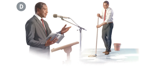 D. Serie de imágenes: 1. El mismo anciano dando un discurso en una reunión de congregación. 2. Limpiando el suelo de un Salón del Reino.