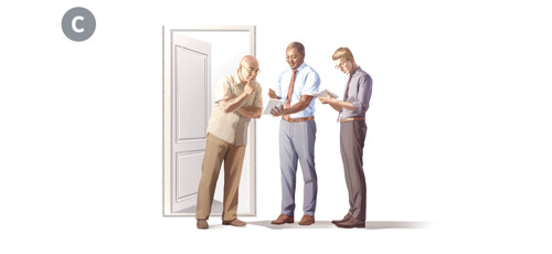 C. Isti starešina oznanjuje nekemu moškemu na njegovem domu.