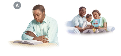 A. Collage: An elder caring for the spiritual needs of himself and his family. 1. He prays before he studies the Bible. 2. He teaches his young daughter about the Bible with the support of his wife.