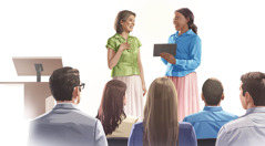 Dos testigos de Jehová mostrando en una reunión de la congregación cómo predicar las buenas noticias.