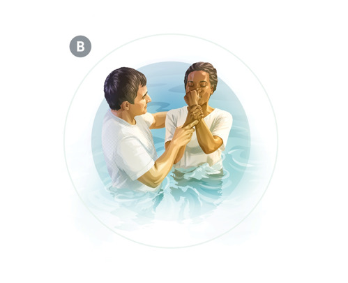 B. Ta samá žena se úplným ponořením pod vodu dává pokřtít jako svědek Jehovův