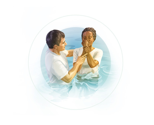 B. Ta sama kobieta zostaje ochrzczona jako Świadek Jehowy przez całkowite zanurzenie w wodzie.