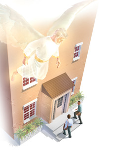 ملاك يُوجِّه شاهدين ليهوه وهما يُبشِّران من بيت إلى بيت