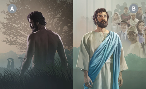 Collage: A. Adam nadat hy ongehoorsaam was aan God. B. Jesus Christus.