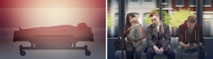 Collage: Scènes uit de video ‘Wat gebeurt er bij de dood? (fragment)’. 1. Een dood lichaam op een ziekenhuisbed. 2. Een man zit in de tram tussen twee mensen in te slapen.