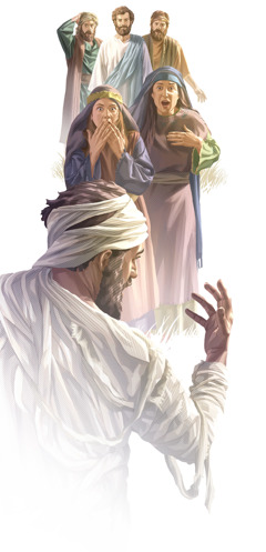 لعازر يخرج من القبر بعدما اقامه يسوع،‏ والحاضرون ينظرون مندهشين