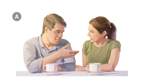 A. Muž i žena piju kavu i razgovaraju
