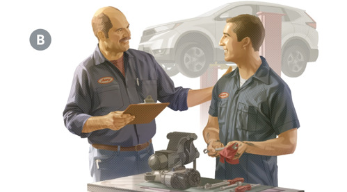 B. Dans un garage, un patron donne des instructions à un mécanicien.