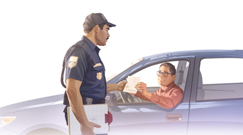 C. 車に乗った男性が警察官に免許証を見せている。