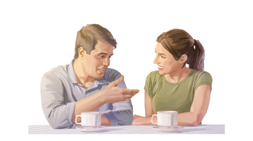 A. Marido e esposa conversam enquanto tomam um café.