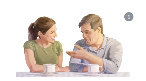 1.‏ میاں بیوی کافی پی رہے ہیں اور ایک دوسرے سے بات‌چیت کر رہے ہیں۔‏