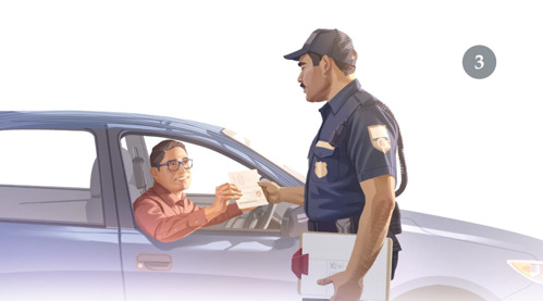 3.‏ ایک آدمی اپنی گاڑی میں بیٹھا ہے اور پولیس افسر کو اپنے کاغذات دِکھا رہا ہے۔‏