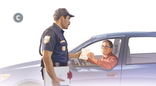C. En man sitter i bilen och visar körkortet för en polis.