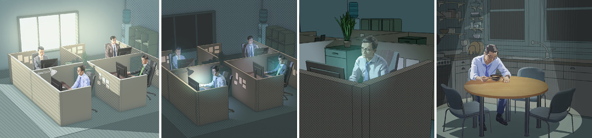 Κολάζ: Ένας άντρας δίνει προτεραιότητα στην εργασία του. 1. Εργάζεται στο γραφείο την ημέρα. 2. Μένει στη δουλειά μέχρι το βράδυ. 3. Συνεχίζει να εργάζεται παρότι οι συνάδελφοί του έχουν πάει σπίτι τους. 4. Τρώει μόνος του βραδινό στο σπίτι.