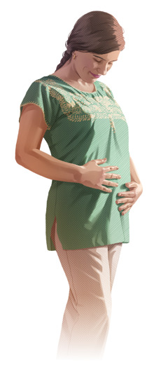 ایک حاملہ عورت نے اپنے پیٹ پر ہاتھ رکھے ہوئے ہیں۔‏
