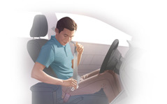 A man in a vehicle fastening his seat belt.