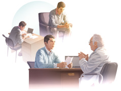 סדרת תמונות:‏ גבר מקבל החלטה רפואית.‏ 1.‏ הוא מתפלל.‏ 2.‏ הוא מחפש מידע במקרא,‏ בפרסומים המבוססים על המקרא ובעזרת טאבלט.‏ 3.‏ הוא מדבר עם הרופא שלו.‏