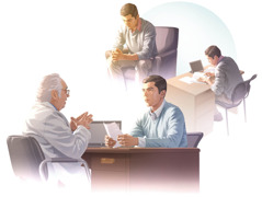 Képösszeállítás: Egy férfi döntést hoz egy egészségügyi kérdésben. 1. Imádkozik. 2. Kutatást végez a Bibliában, a Biblián alapuló kiadványokban és egy táblagépen. 3. Beszél az orvosával.