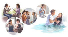 Collage: A young woman overcoming obstacles to baptism. Scenes are repeated in this lesson.