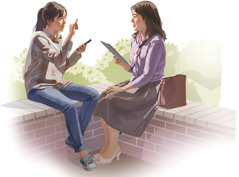 La joven estudiando la Biblia con una testigo de Jehová.