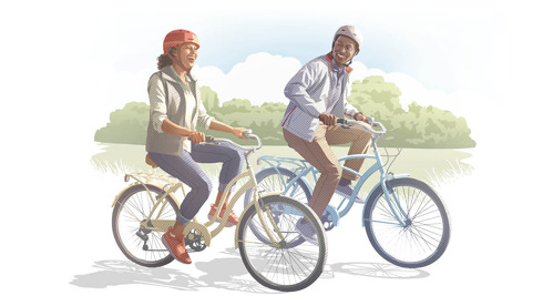 A husband and wife riding bicycles together.