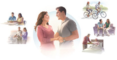 A married couple holding hands and looking into each other’s eyes. Collage: Happy couples strengthen their marriage in a number of ways. Scenes are repeated in this lesson.