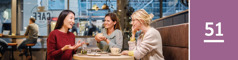 Lección 51. Tres mujeres conversando a gusto en una cafetería.
