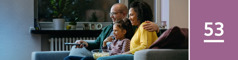Lezione 53. Una famiglia composta da un padre, una madre e una bambina. Sono seduti sul divano, mangiano popcorn e guardano la TV.