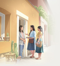 تلميذة للكتاب المقدس تقف قرب الاخت التي تدرس معها وتتكلمان مع امرأة امام باب بيتها