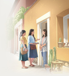 Egy bibliatanulmányozó a tanítójával prédikál egy asszonynak az otthona előtt.