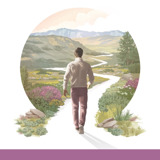 ¡Disfrute de la vida para siempre! Curso interactivo de la Biblia. Un hombre comienza a andar por un camino serpenteante que pasa por campos llenos de flores, colinas y montañas.