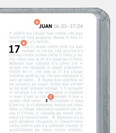  Ri etiquetas reʼ e richin ri A, B y C chupam jun ruxaq ri Biblia.