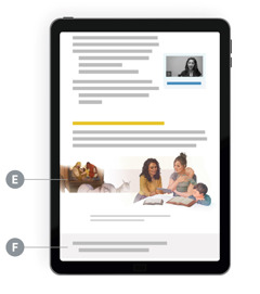 Mærkater der viser hvor E og F er i den midterste del af en lektion.