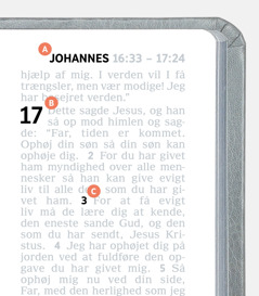 Mærkater der viser hvor A, B og C er på en side i Bibelen.