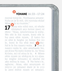 Okadii ni miitsɔɔ Biblia baafa ko mli nibii ni ji A, B, kɛ D.