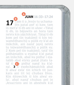 An letras A, B ani C tu tejwamédhanchal jantʼiniʼ játs jun i página in kʼál an Biblia.