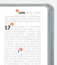 Mga label nga nagapakita sang A, B, kag C nga feature sa isa ka pahina sang Biblia.