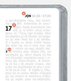 Ebe e dere A, B, na CH nke na-egosi ihe dị n’otu peeji na Baịbụl.