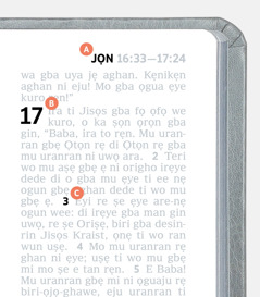 Labels indicating features A, B, and C on a page in the Bible.