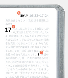 聖書のページにA，B，Cのラベルが付いている。