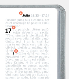 Apzīmējumi, kas norāda A, B un C iezīmes Bībeles lappusē.