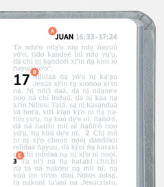 Etiquetas que corresponden a las características A, B y C en una página de la Biblia.